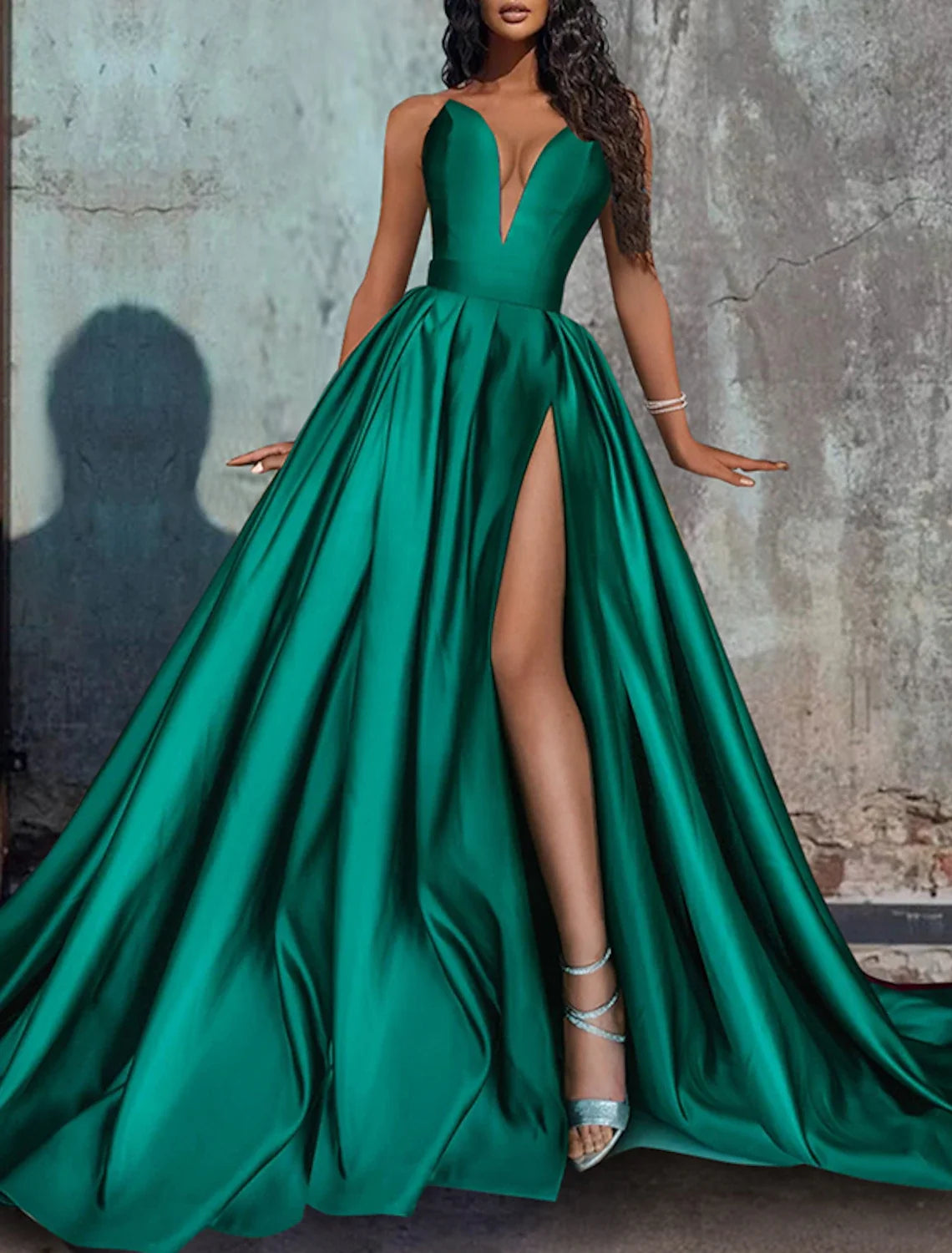 Green A-Line Strapless Satin Sleeveless High Slit Evening Gown - Chloe Dress