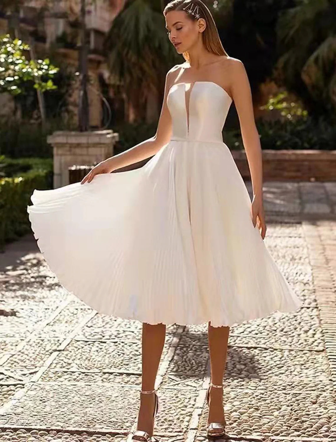 White A-Line Sweetheart Satin Tea-Length Wedding Gown - Chloe Dress
