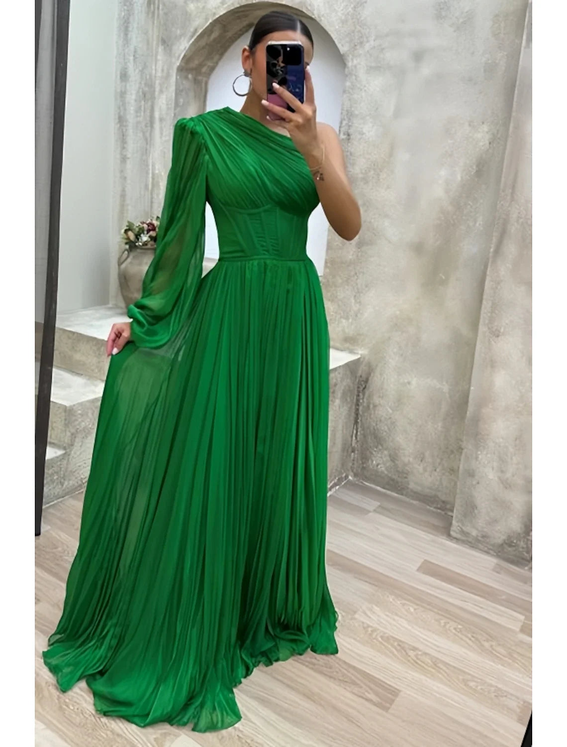A-Line One-Shoulder Chiffon Long Sleeve High Slit Evening Gown - Chloe Dress