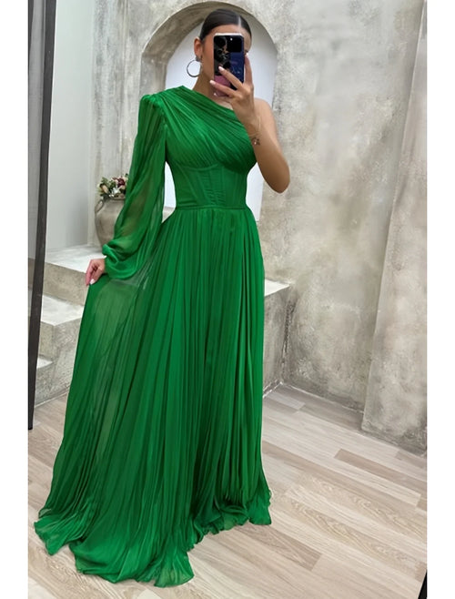 A-Line One-Shoulder Chiffon Long Sleeve High Slit Evening Gown - Chloe Dress