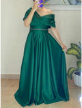 Green A-Line Off-Shoulder Satin Short Sleeve Pleated Mini Evening Gown - Chloe Dress