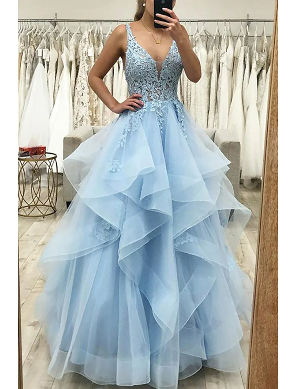 A-Line V-Neck Tulle Sleeveless Backless Pleated Floor-Length Prom Gown - Chloe Dress