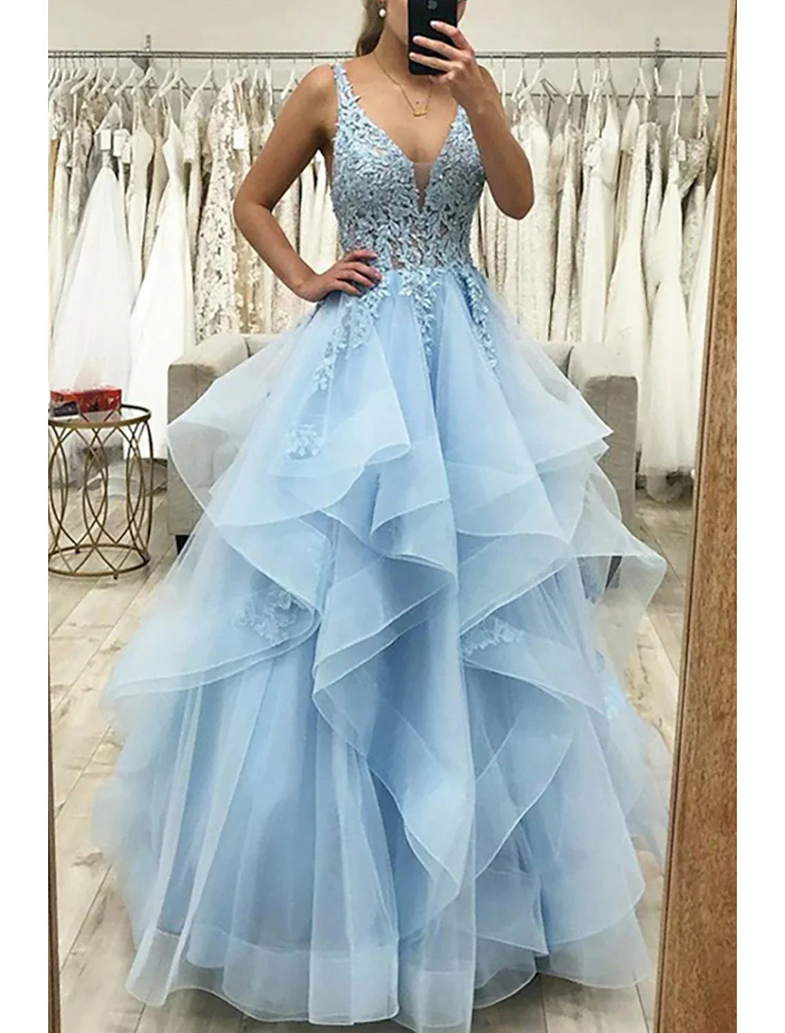 A-Line V-Neck Tulle Sleeveless Backless Pleated Floor-Length Prom Gown - Chloe Dress