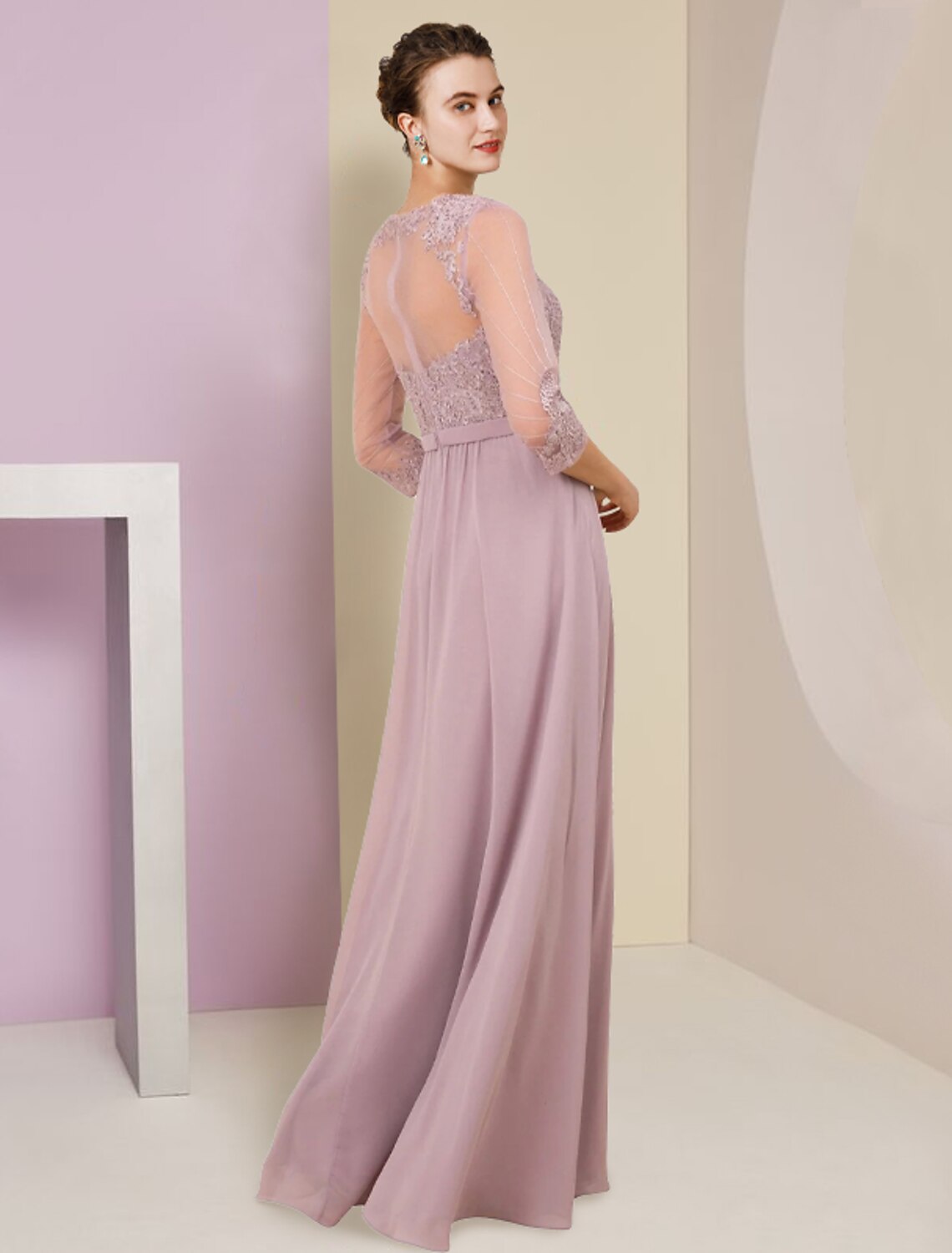A-Line V-Neck Chiffon Three-Quarter Sleeve Pleated Floor-Length Wedding Dress - Chloe Dress