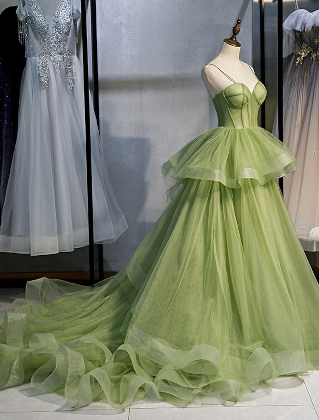 Ball Gown Spaghetti Strap Tulle Sleeveless Ruffled Gown - Chloe Dress