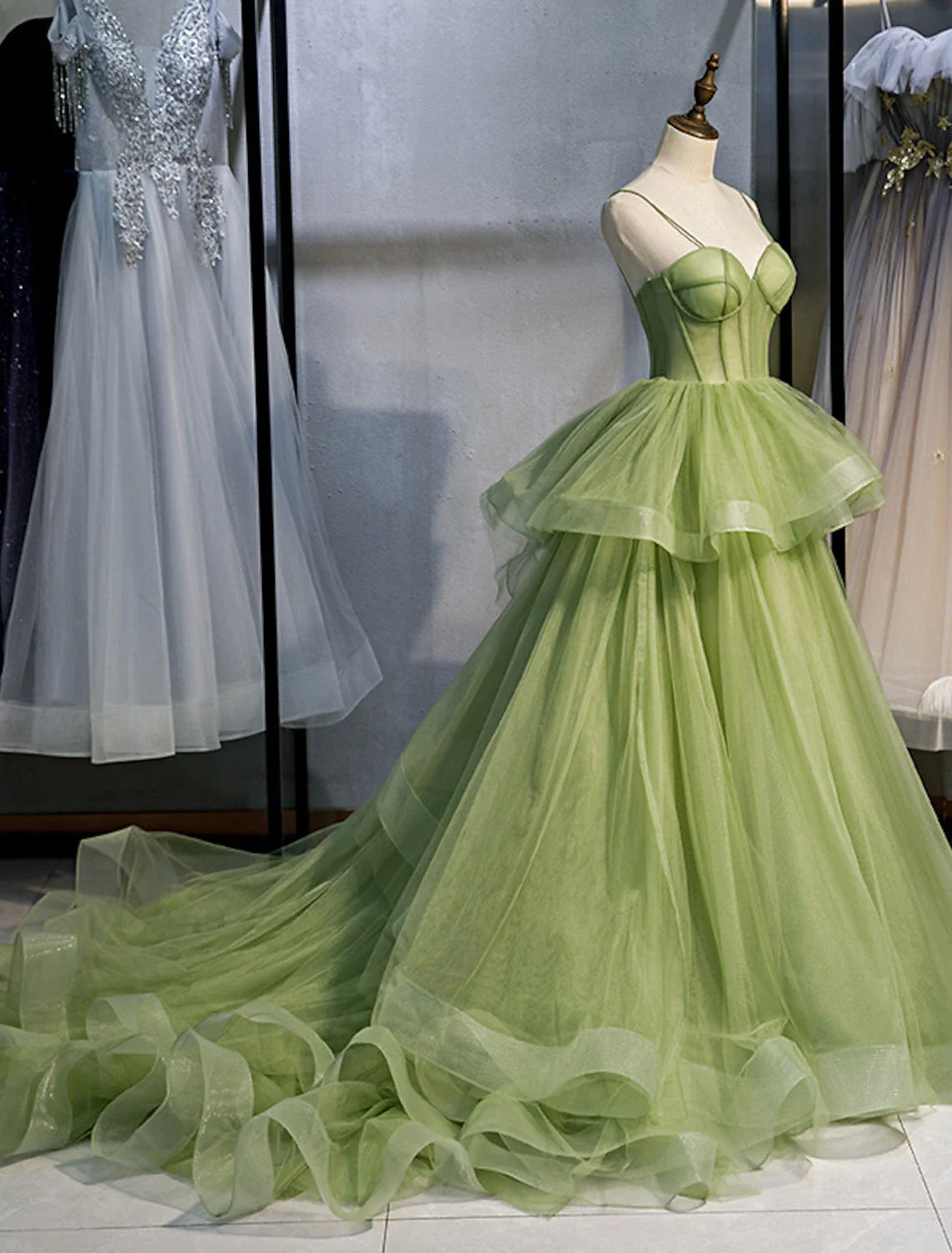 Ball Gown Spaghetti Strap Tulle Sleeveless Ruffled Gown - Chloe Dress