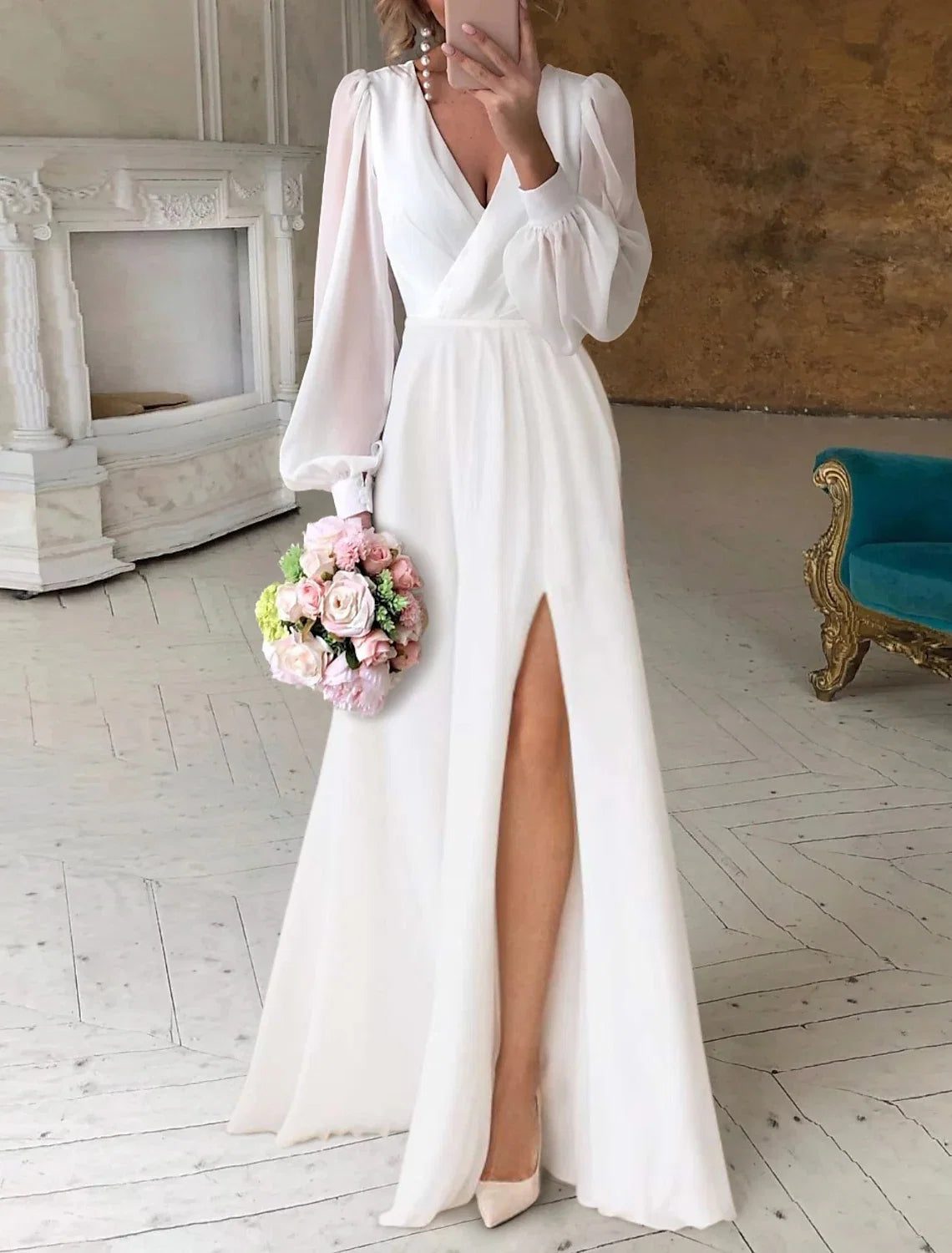 White A-Line V-Neck Chiffon Long Sleeve Floor-Length Wedding Gown - Chloe Dress