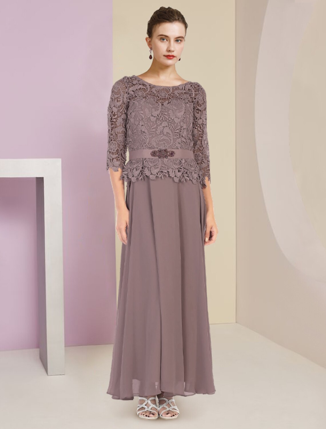A-Line Chiffon Three-Quarter Sleeve Wrap Floor-Length Wedding Dress - Chloe Dress
