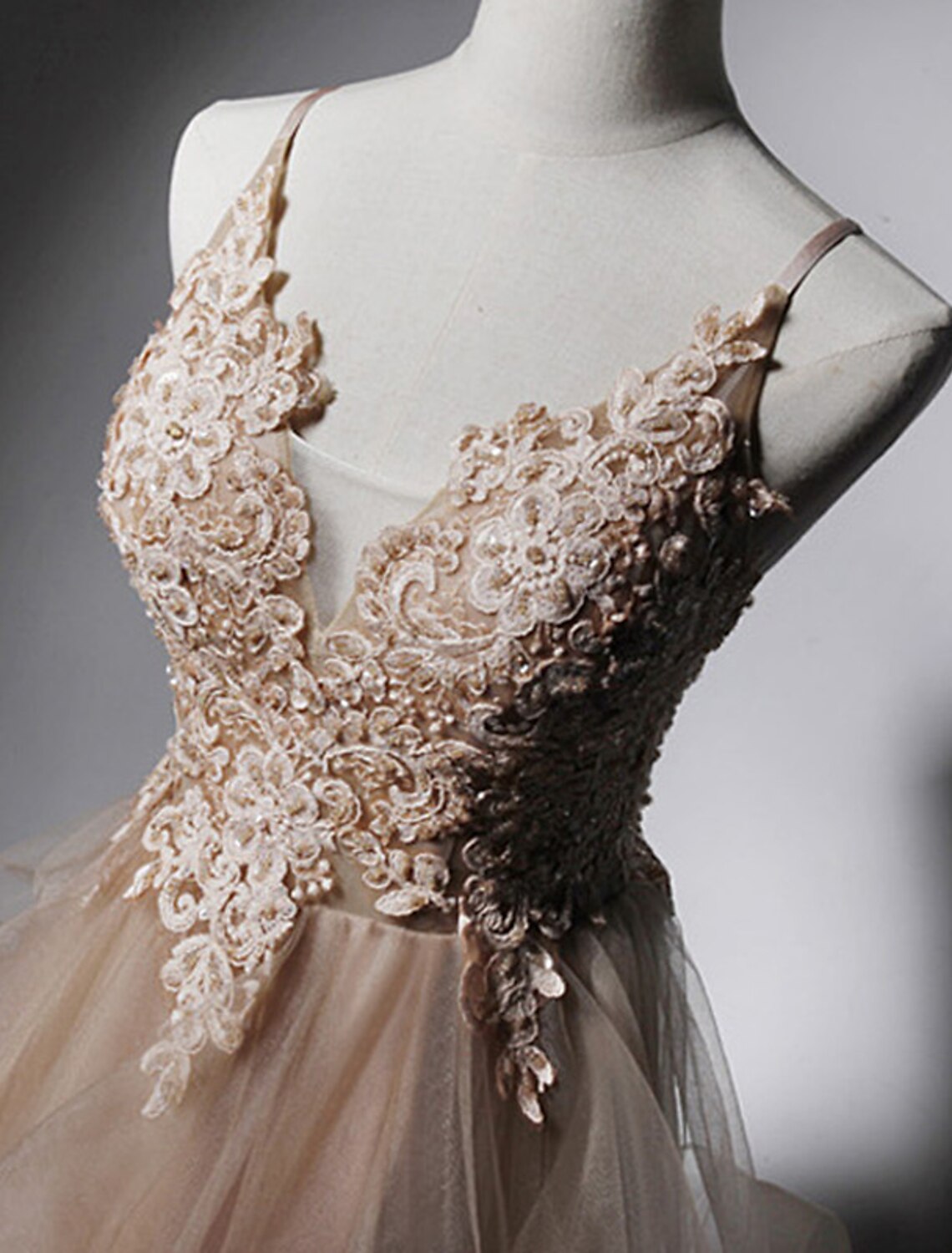 A-Line Spaghetti Strap Lace Sleeveless Open Back Ruffled Floor-Length Prom Dress - Chloe Dress