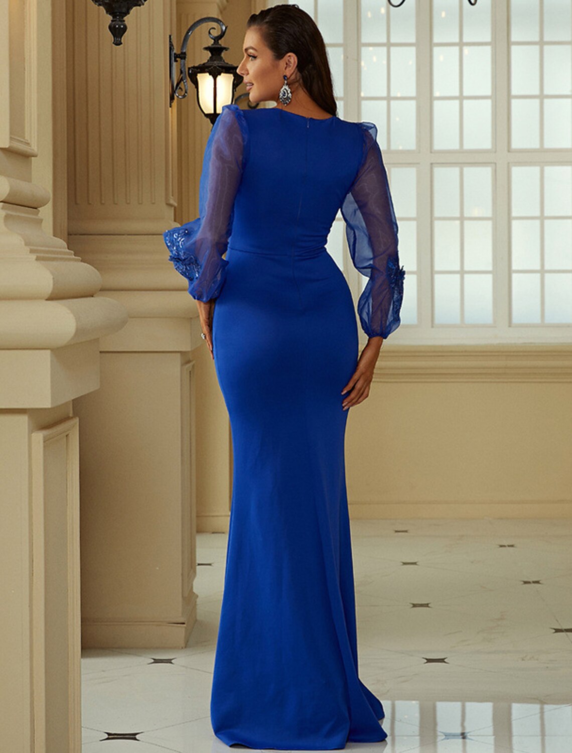 Mermaid Square Neck Polyester Long Sleeve Train Evening Gown - Chloe Dress