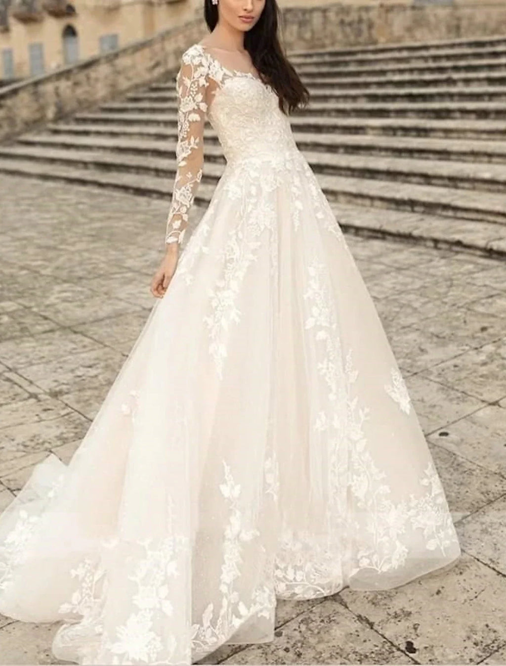 A-Line V-Neck Lace Long Sleeve Train Wedding Gown - Chloe Dress