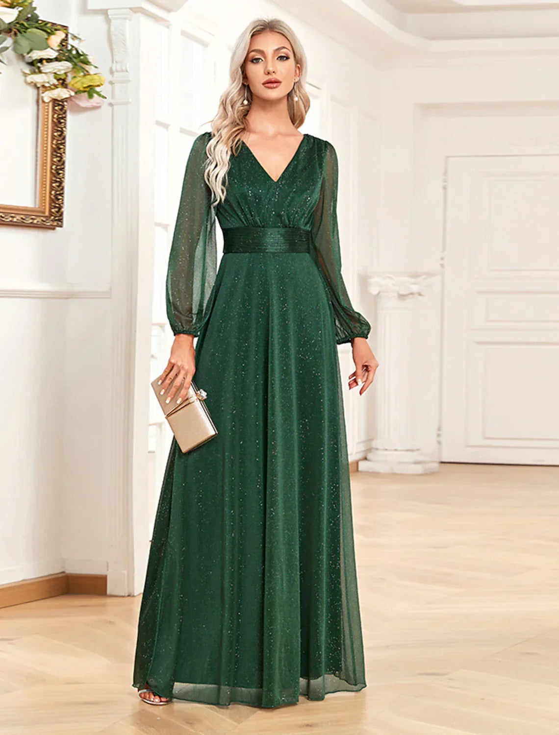 A-Line V-Neck Chiffon Long Sleeve Floor-Length Evening Gown - Chloe Dress