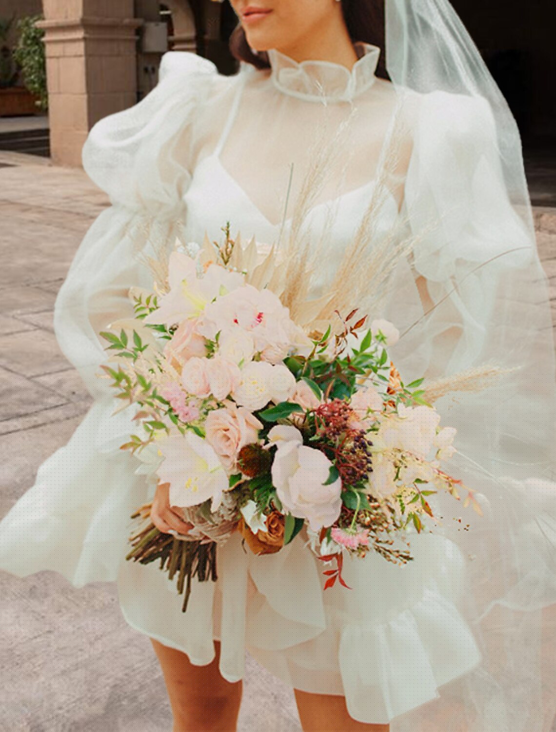 White A-Line High Neck Organza Long Sleeve Mini Wedding Gown - Chloe Dress