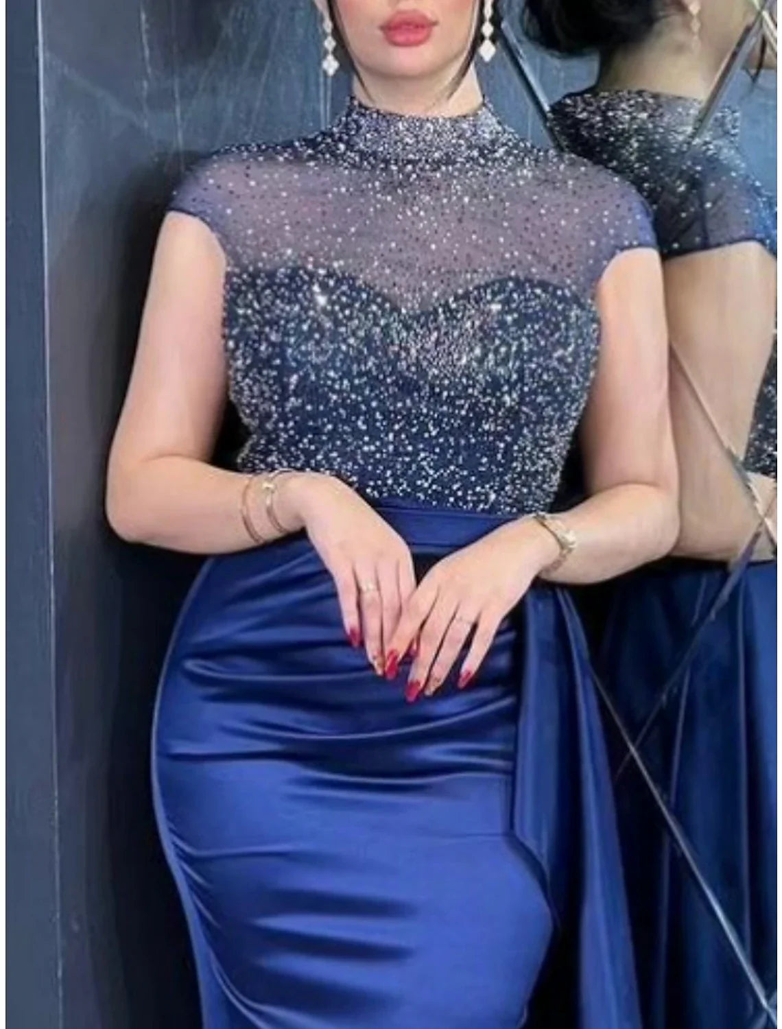 A-Line High Neck Satin Short Sleeve High Slit Floor-Length Evening Gown - Chloe Dress