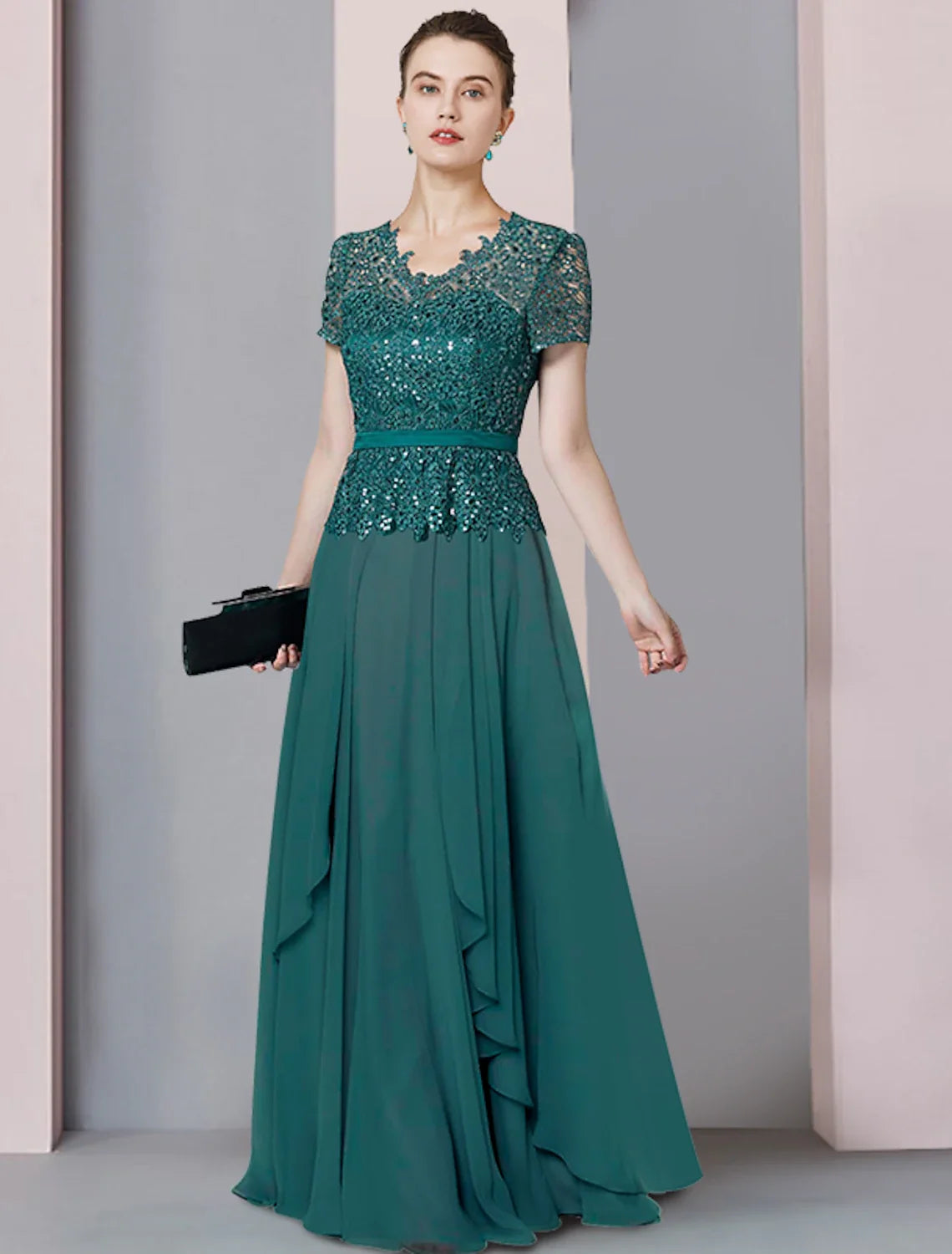 A-Line V-Neck Chiffon Short Sleeve Pleated Floor-Length Party Dress - Chloe Dress