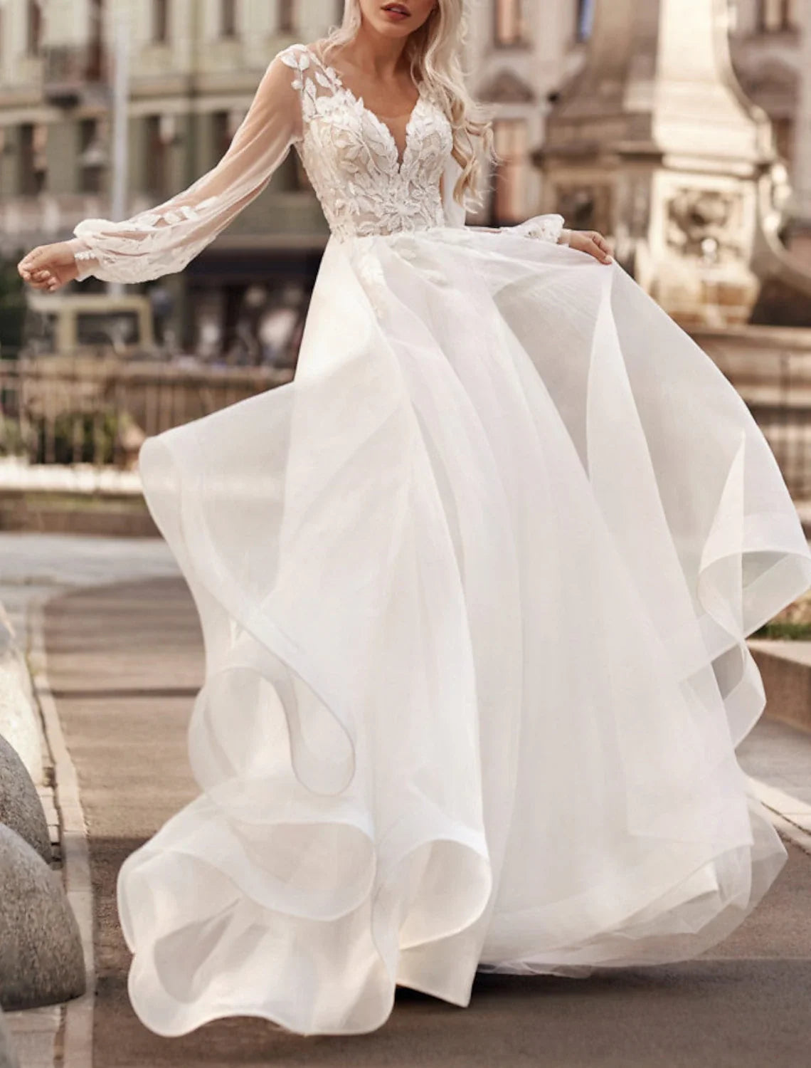 A-Line V-Neck Lace Long Sleeve Train Wedding Gown - Chloe Dress