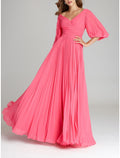 A-Line V-Neck Chiffon Pleated Floor-Length Evening Gown - Chloe Dress