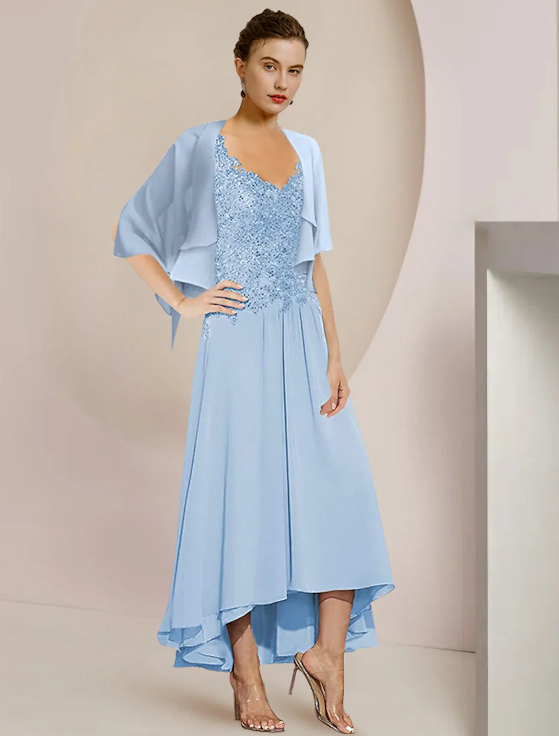 A-Line V-Neck Chiffon Three-Quarter Sleeve Wrap Tea-Length Wedding Dress - Chloe Dress