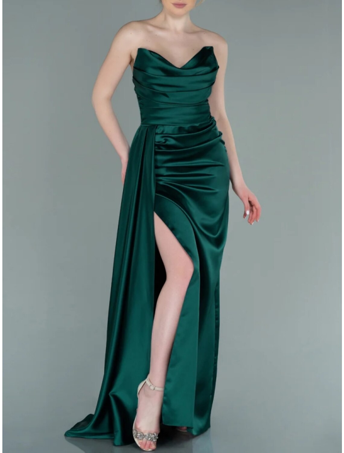 A-Line Strapless Satin Sleeveless High Slit Evening Gown - Chloe Dress