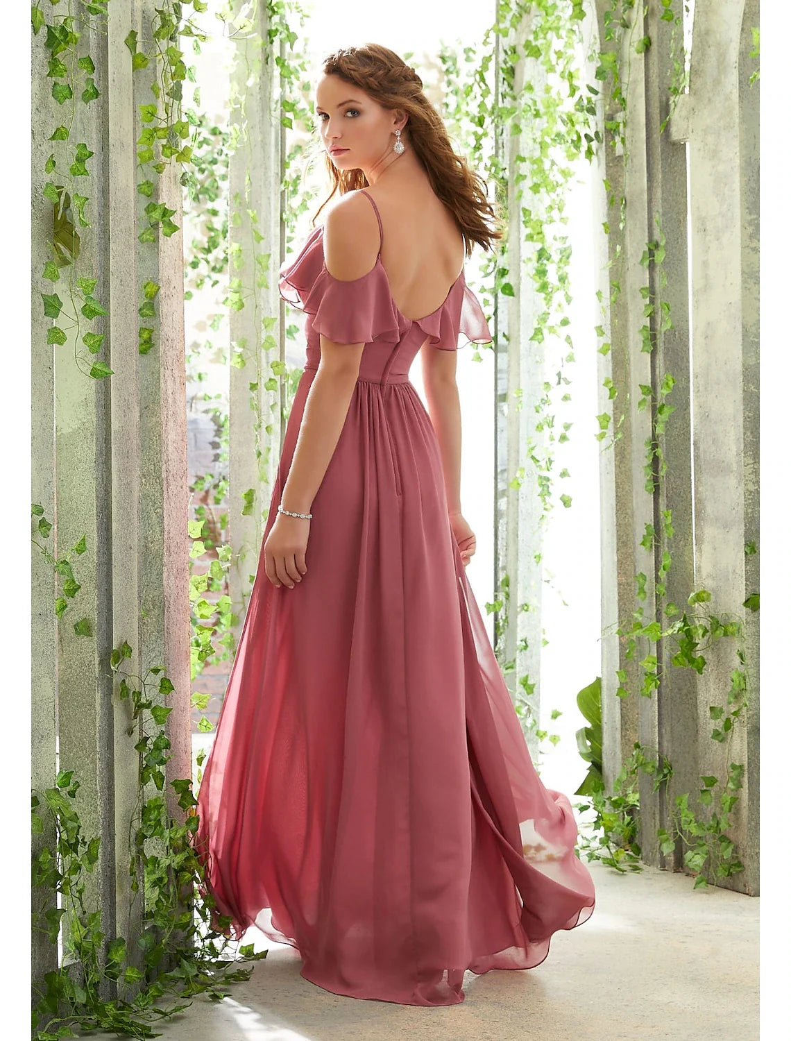 A-Line Spaghetti Strap Chiffon Short Sleeve Open Back Ruffled Floor-Length Wedding Dress - Chloe Dress