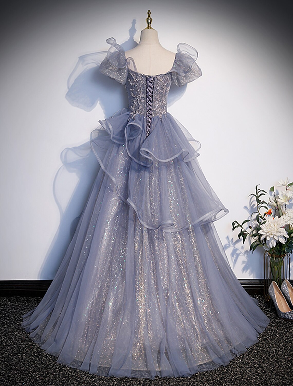 Ball Gown Square Neck Tulle Short Sleeve Ruffled Floor-Length Gown - Chloe Dress