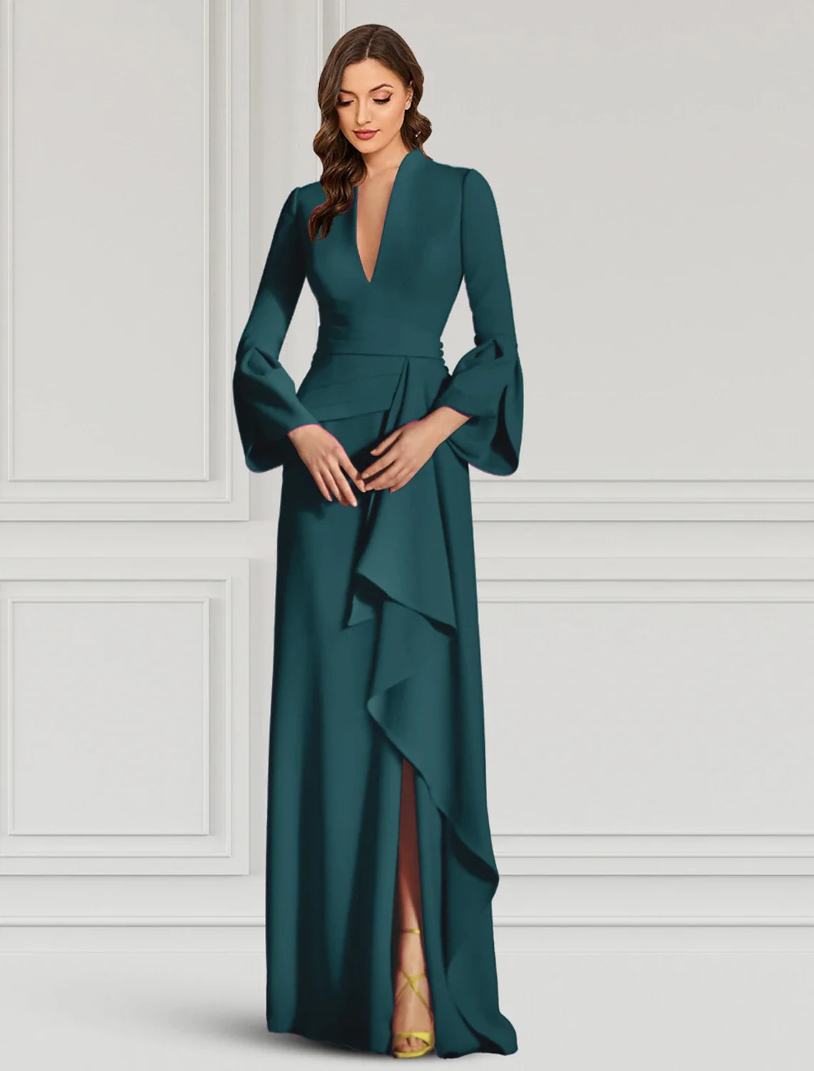 Sheath V-Neck Long Sleeve Ruffled Floor-Length Evening Gown - Chloe Dress