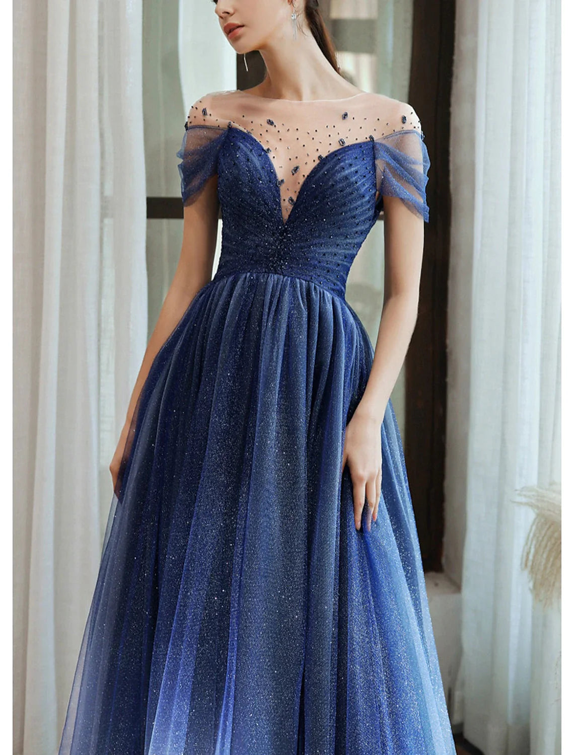 Sheath Tulle Short Sleeve Pleated Floor-Length Evening Dress - Chloe Dress