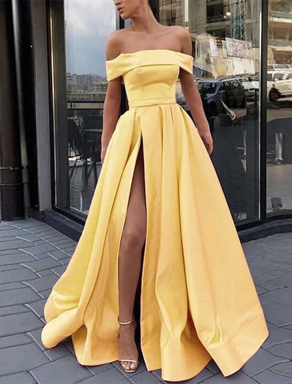 A-Line Off-Shoulder Satin Sleeveless High Slit Floor-Length Prom Dress - Chloe Dress