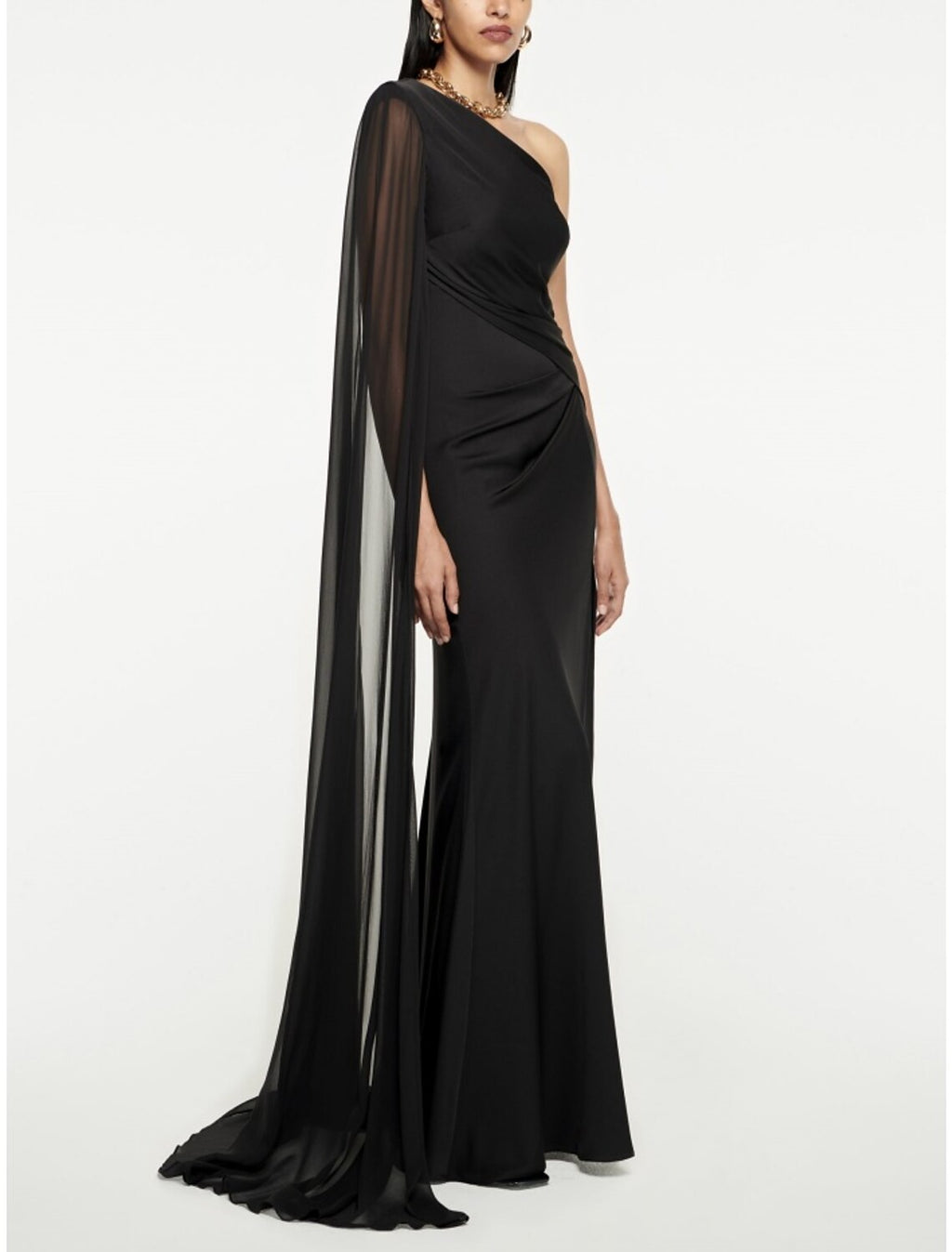 Black A-Line One-Shoulder Silk Sleeveless High Slit Evening Gown - Chloe Dress