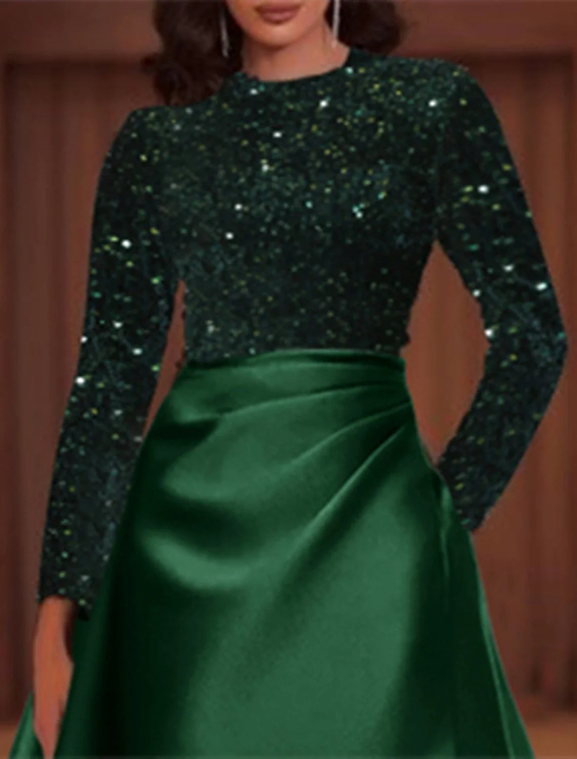 Green A-Line Satin Long Sleeve Floor-Length Evening Gown - Chloe Dress