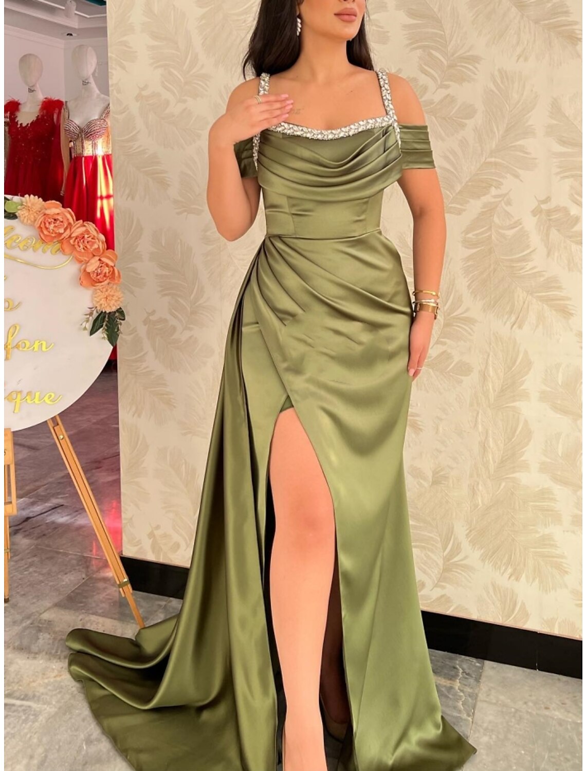 Green A-Line Square Neck Satin Pleated Mini Evening Gown - Chloe Dress