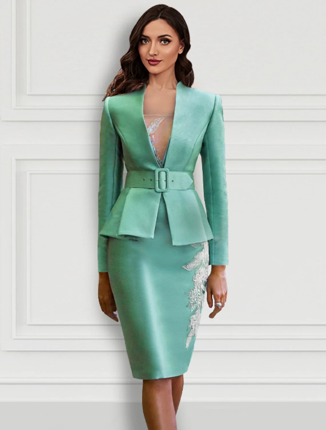 V-Neck Satin Long Sleeve Applique Knee-Length Cocktail Dress - Chloe Dress