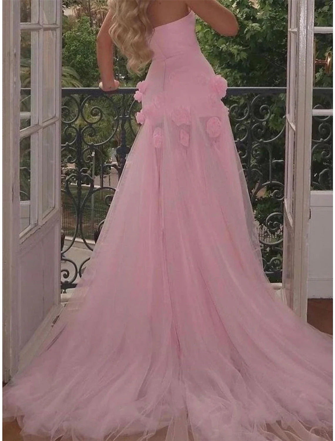 A-Line Strapless Tulle Sleeveless High Slit Prom Dress - Chloe Dress