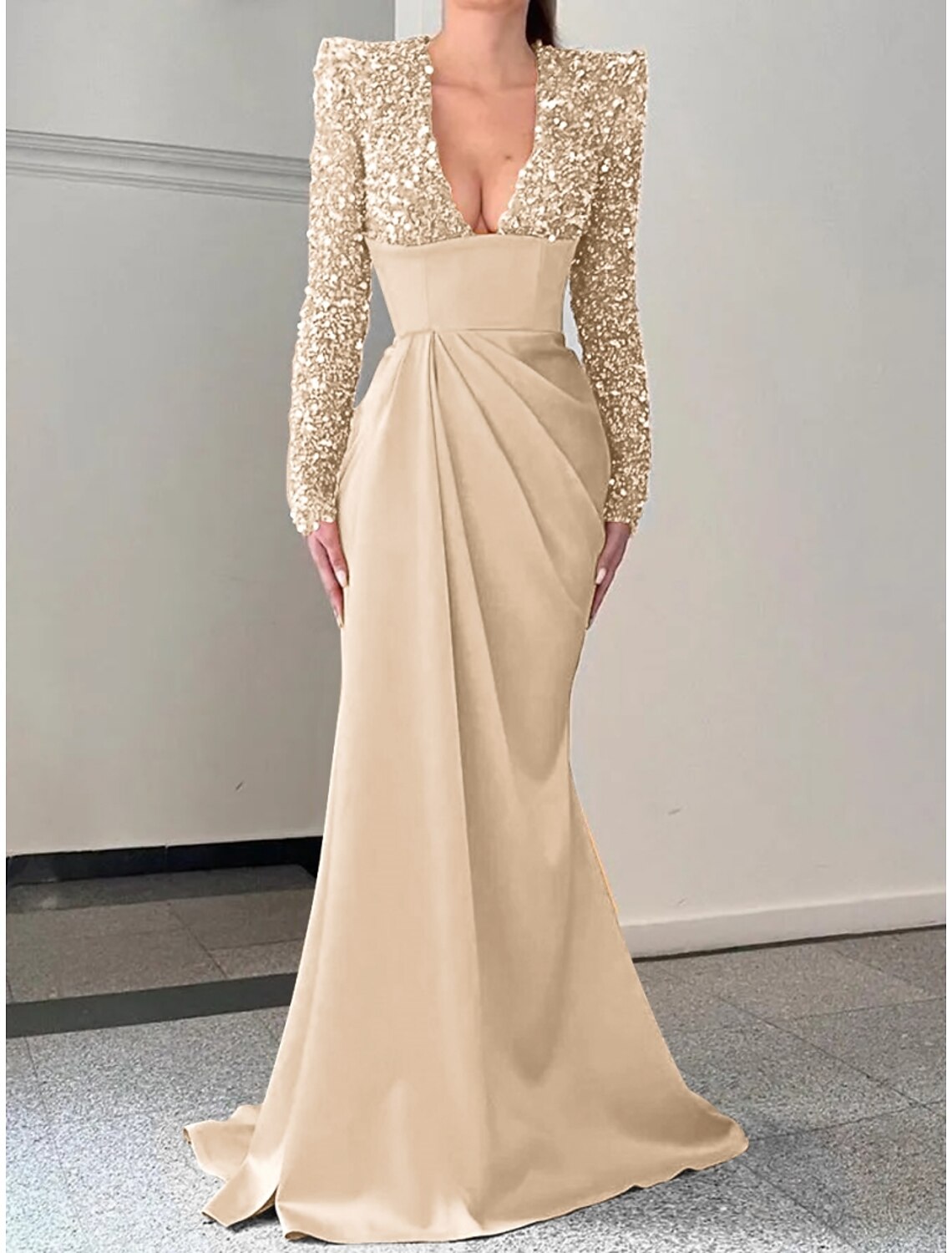 Mermaid V-Neck Satin Long Sleeve Pleated Evening Gown - Chloe Dress