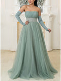 Green A-Line Strapless Tulle Long Sleeve Pleated Prom Dress - Chloe Dress