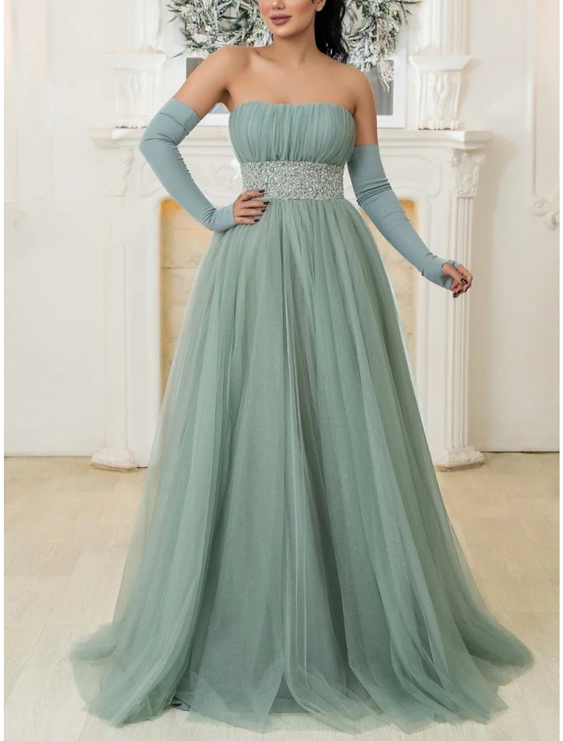 Green A-Line Strapless Tulle Long Sleeve Pleated Prom Dress - Chloe Dress