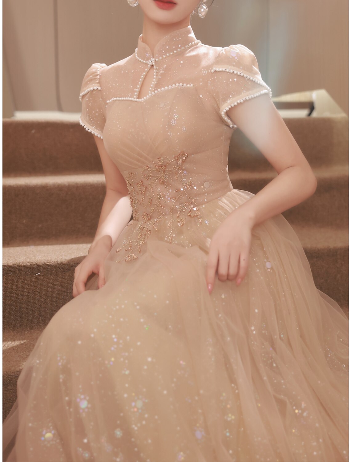 A-Line Satin Short Sleeve Button Back Floor-Length Evening Gown - Chloe Dress