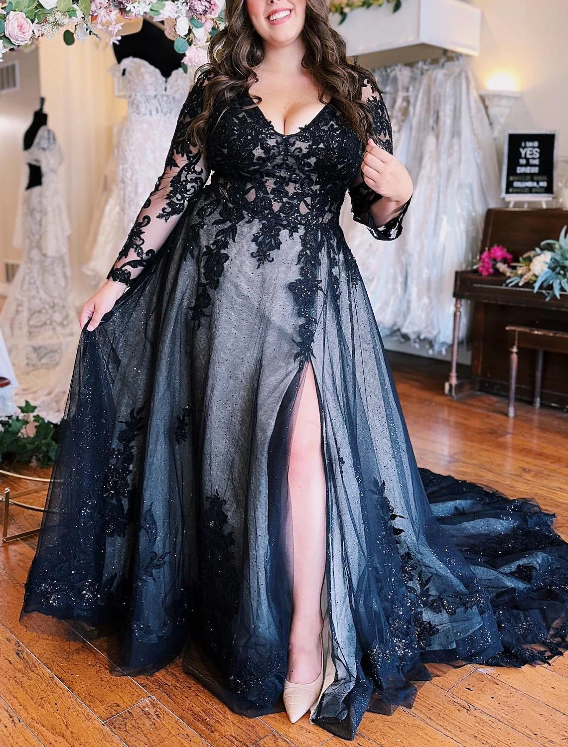 Black A-Line V-Neck Tulle Sleeveless High Slit Evening Gown - Chloe Dress
