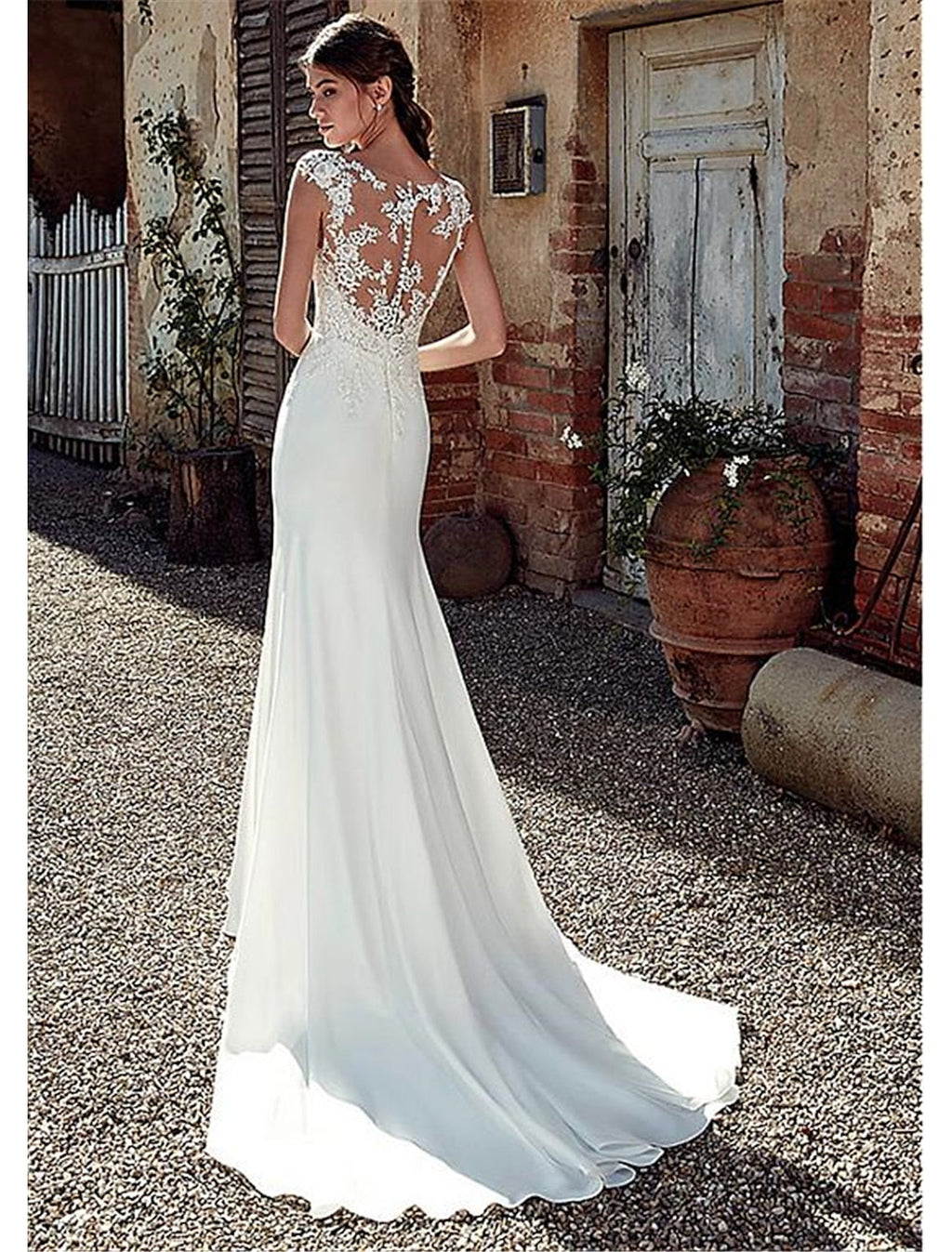 Mermaid Illusion Chiffon Cap Sleeve Open Back Train Wedding Gown - Chloe Dress