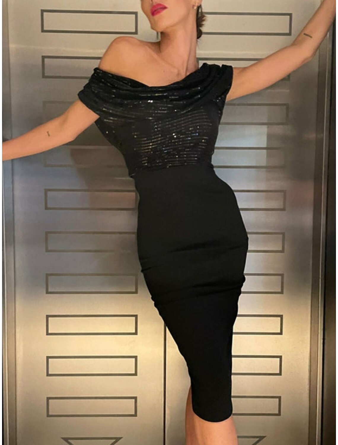 Black Sheath Off-Shoulder Sequin Short Sleeve Mini Evening Gown - Chloe Dress