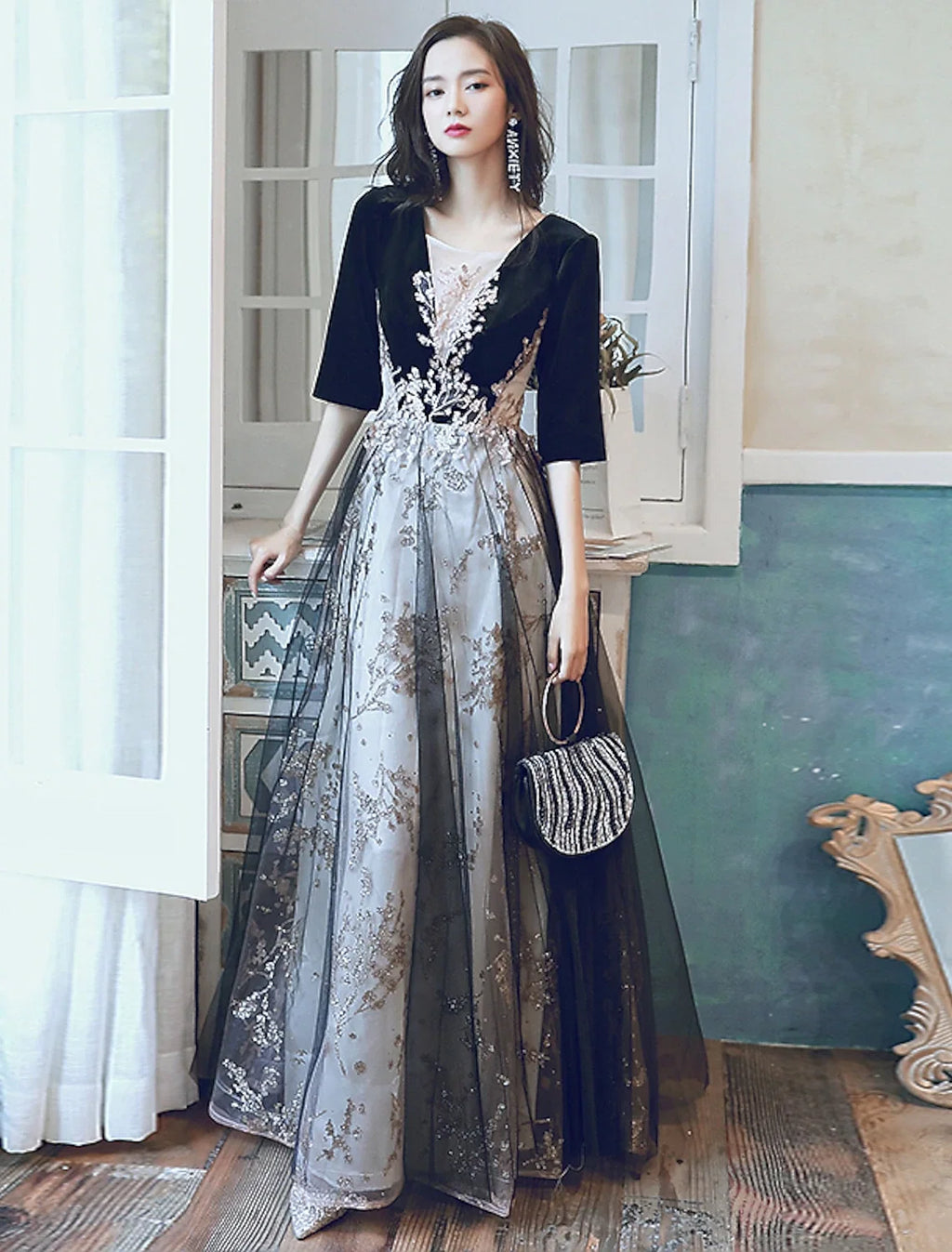 A-Line Illusion Sequin Applique Floor-Length Evening Dress - Chloe Dress
