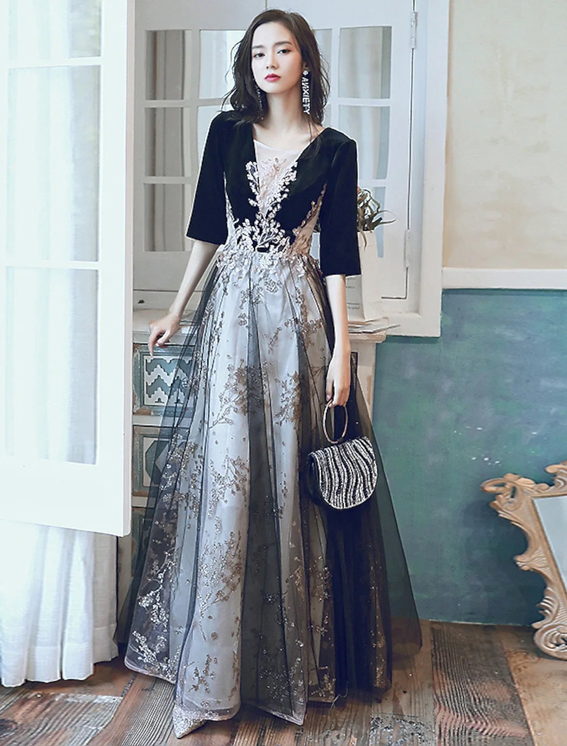 A-Line Illusion Sequin Applique Floor-Length Evening Dress - Chloe Dress