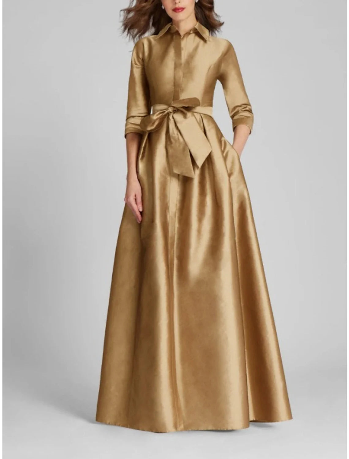 Champagne A-Line Satin Pleated Floor-Length Evening Gown - Chloe Dress
