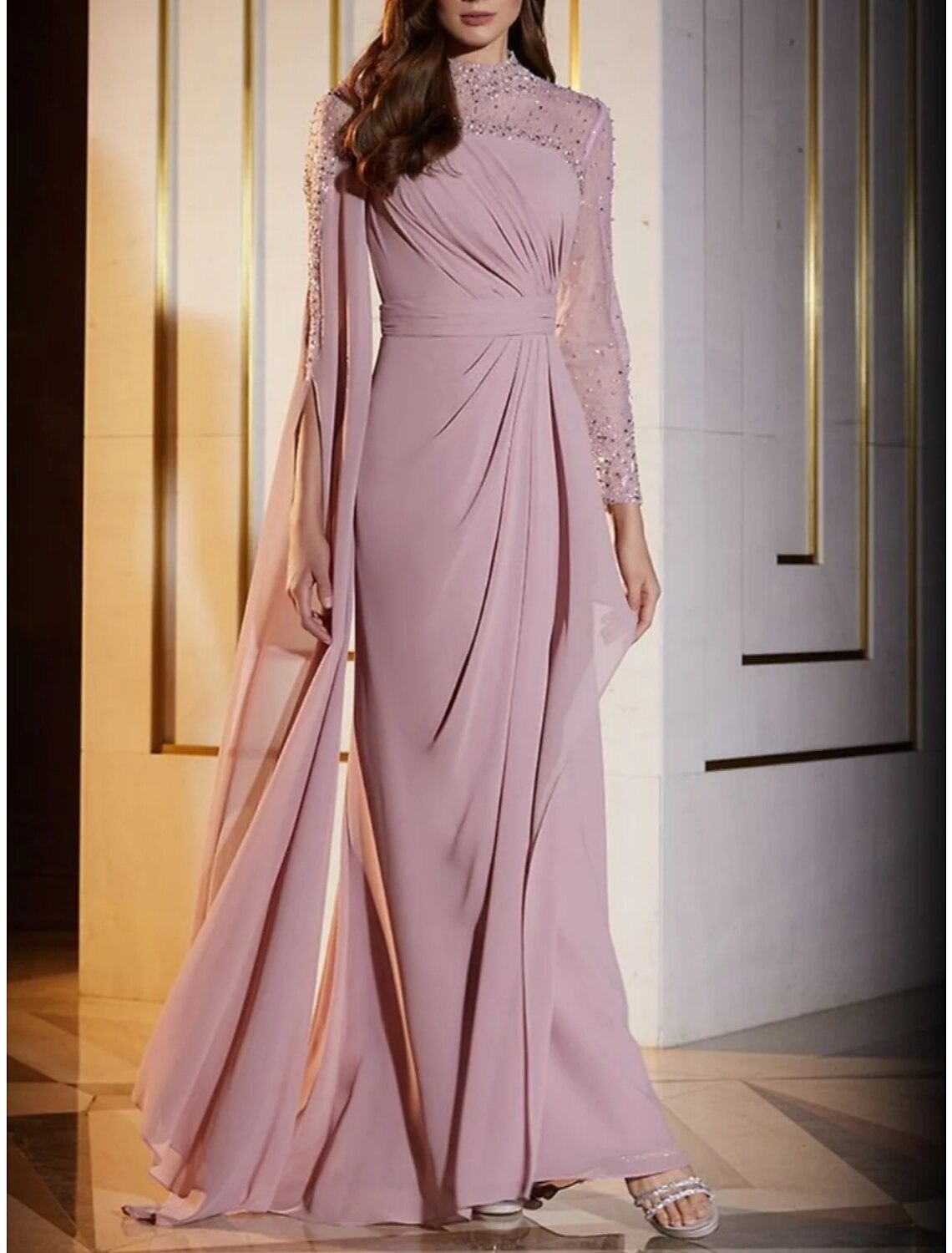 A-Line Chiffon Long Sleeve Pleated Evening Gown - Chloe Dress