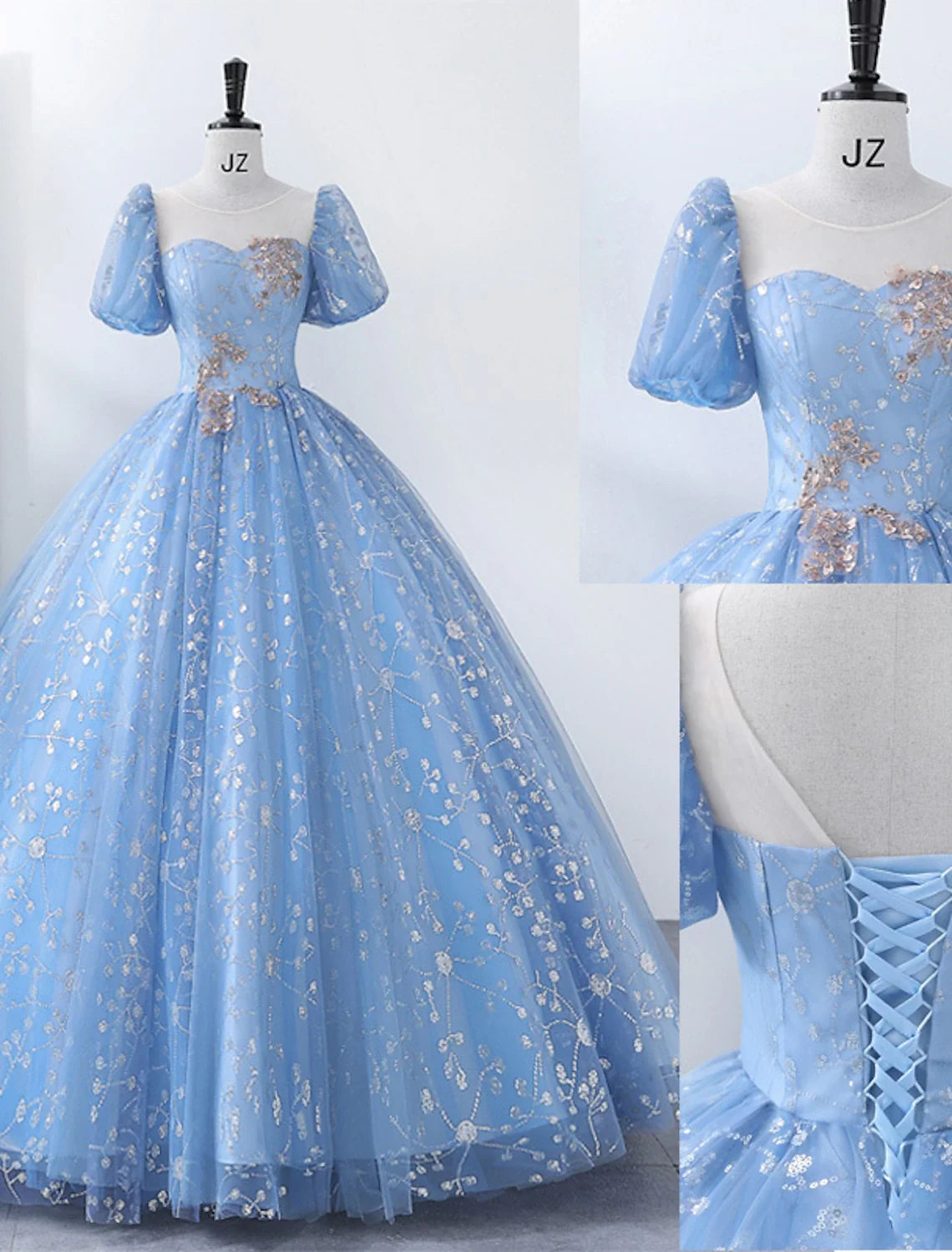 Ball Gown Square Neck Polyester Short Sleeve Applique Floor-Length Gown - Chloe Dress