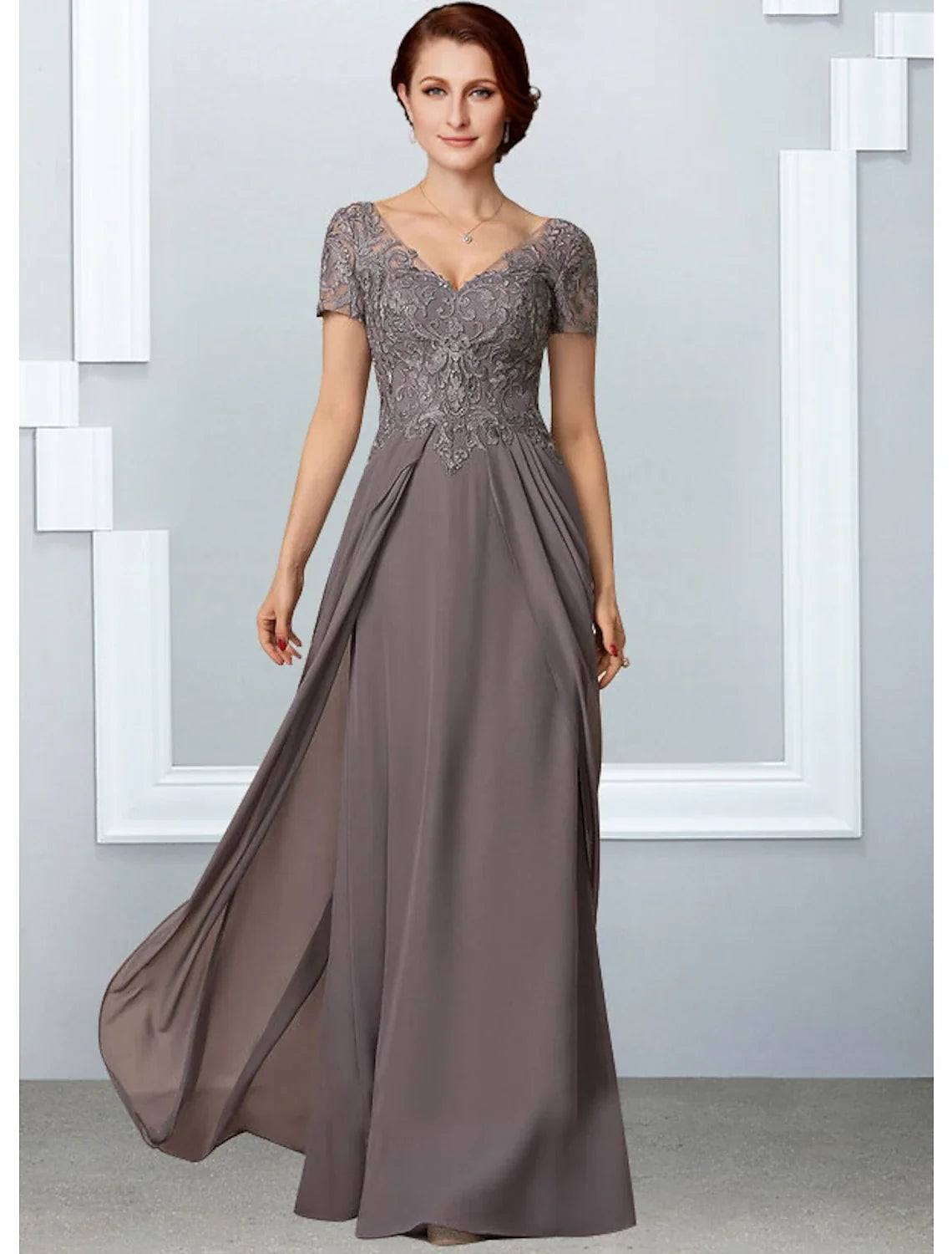 A-Line V-Neck Chiffon Short Sleeve Pleated Floor-Length Dress - Chloe Dress