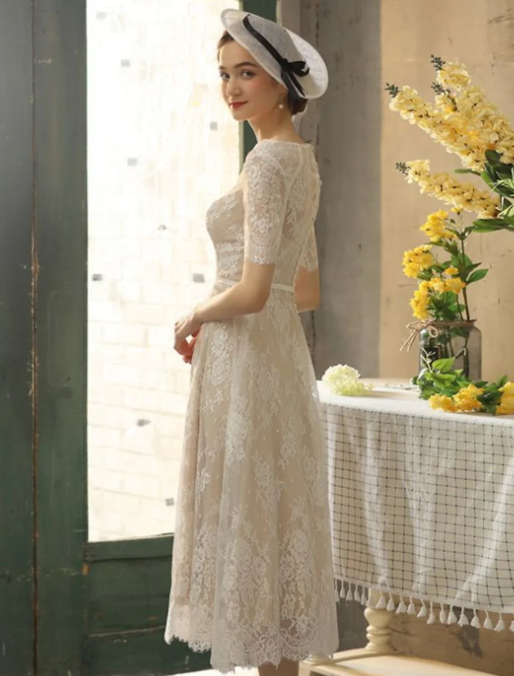 White A-Line Illusion Lace Applique Tea-Length Wedding Gown - Chloe Dress