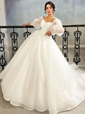 Ball Gown Sweetheart Organza Three-Quarter Sleeve Train Wedding Gown - Chloe Dress