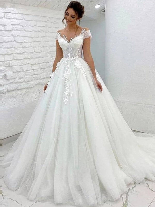 A-Line Tulle Short Sleeve Train Mini Wedding Dress - Chloe Dress