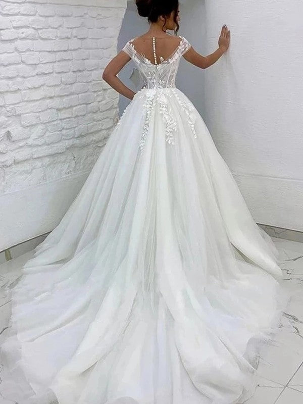 A-Line Tulle Short Sleeve Train Mini Wedding Dress - Chloe Dress